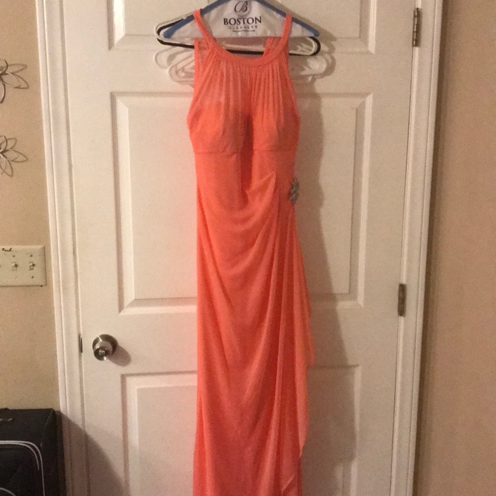 Full length coral prom/bridesmaid dress